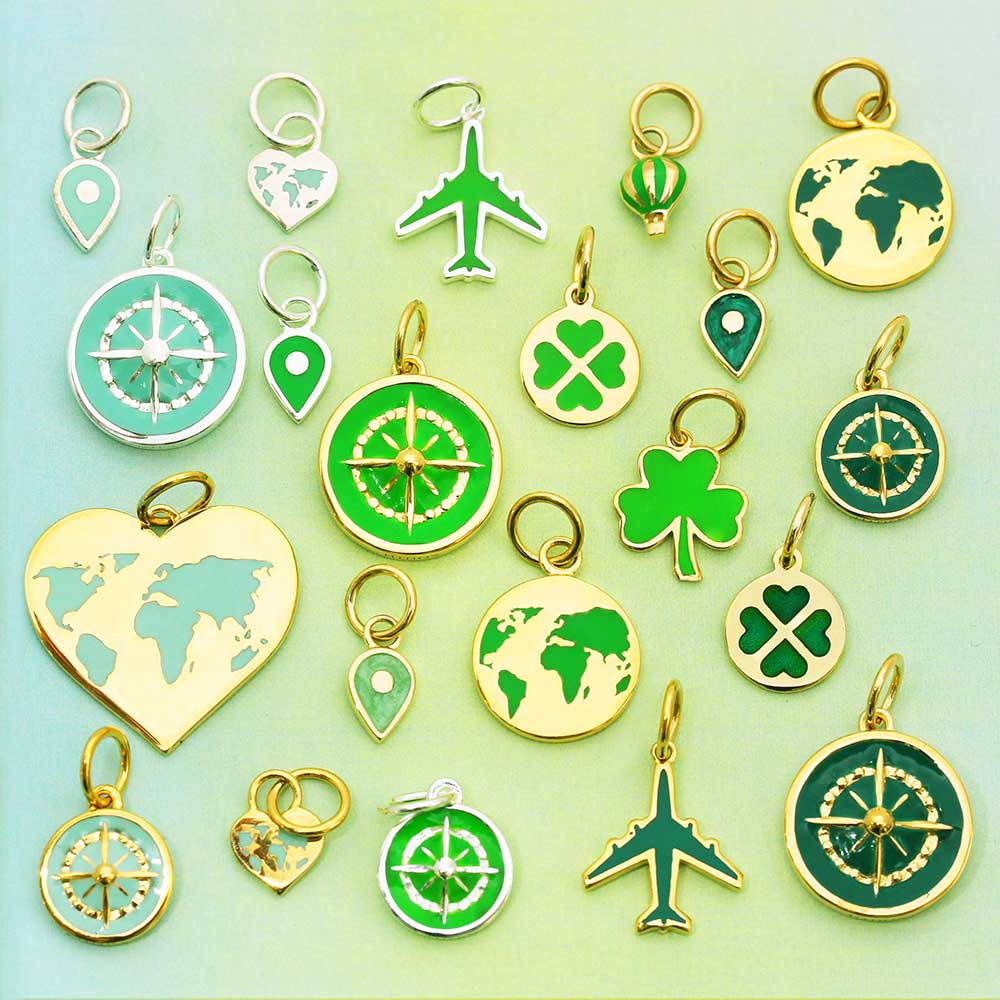 3 leaf Clover Charm Green Enamel Solid Gold Mini