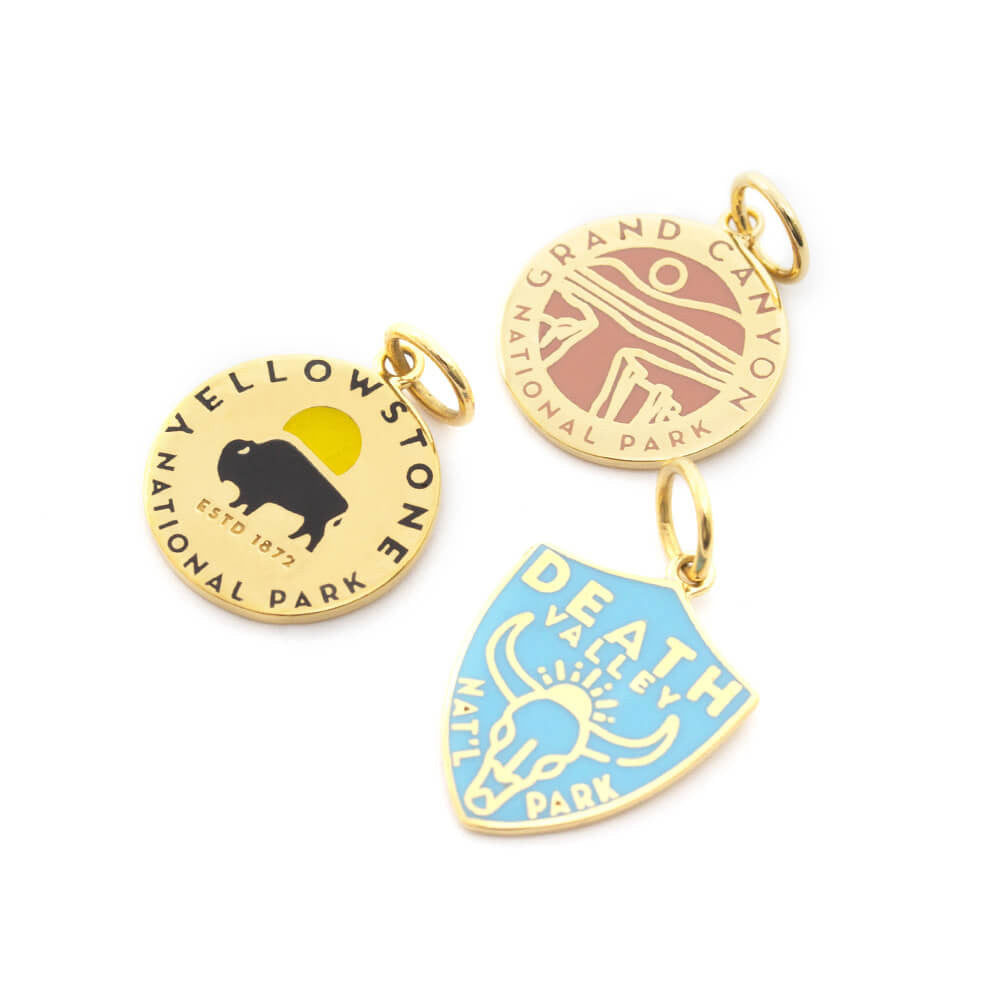 yellowstone, grand canyon, death valley national park gold vermeil solid gold enamel charm