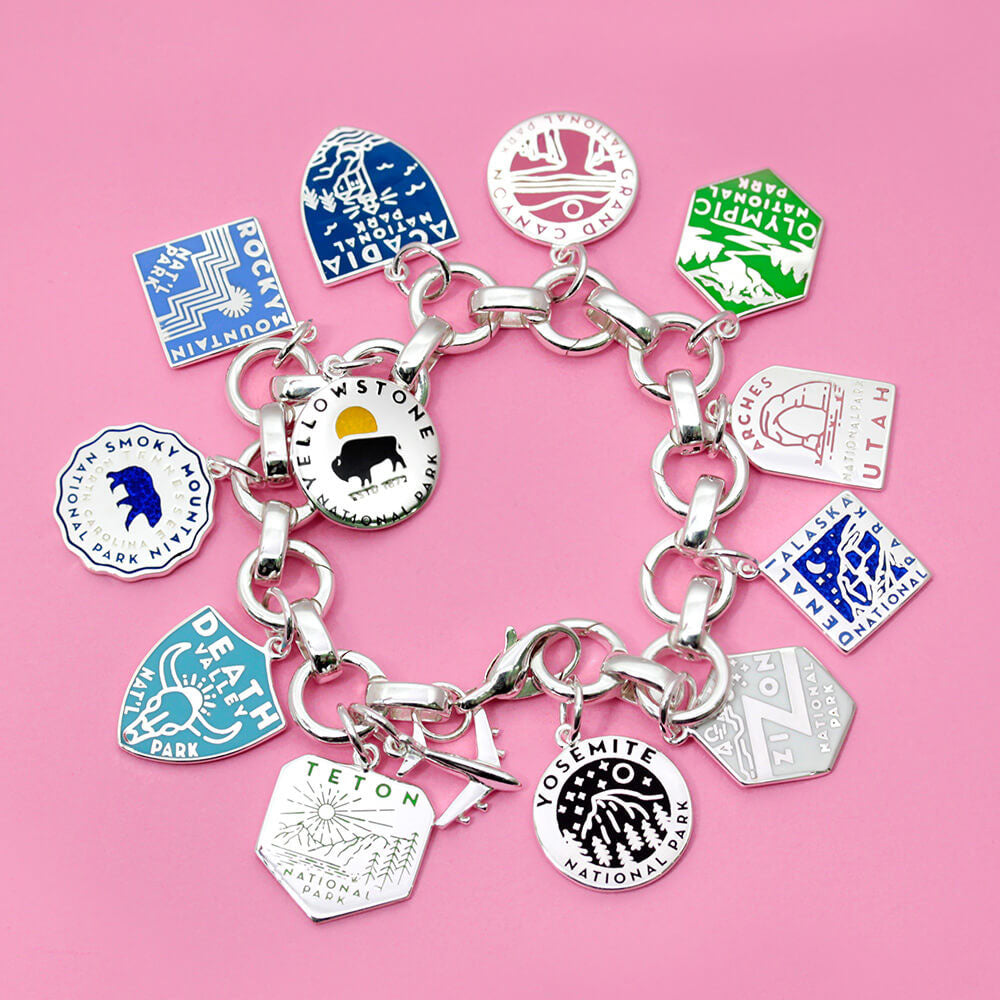 A sterling silver infinity bracelet with individual opening links adorned with various national park charms, including Yellowstone, Rocky Mountain, Yosemite, and Zion enamel charms.