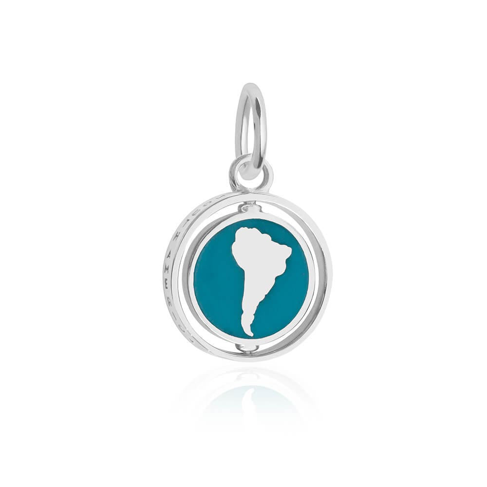 South America Continent Spinner Charm, Silver, Teal Enamel