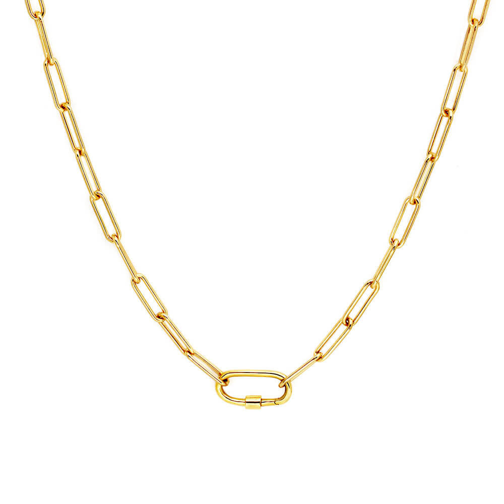 Photo featuring the Daily Charm Necklace in gold vermeil from Jet Set Candy. The necklace features long rectangular links with rounded corners and an inch-long carabiner that is shown opening and closing and allows for charms to be added. The chain necklace is shown on a diagonal on a white background.
