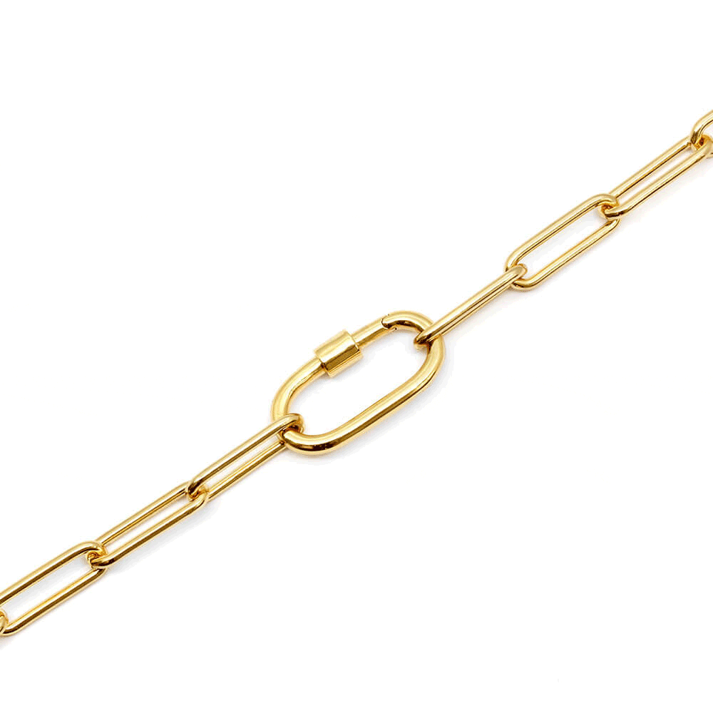 Animated gif featuring the Daily Charm Necklace in gold vermeil from Jet Set Candy. The necklace features long rectangular links with rounded corners and an inch-long carabiner that is shown opening and closing and allows for charms to be added. The chain necklace is shown on a diagonal on a white background.