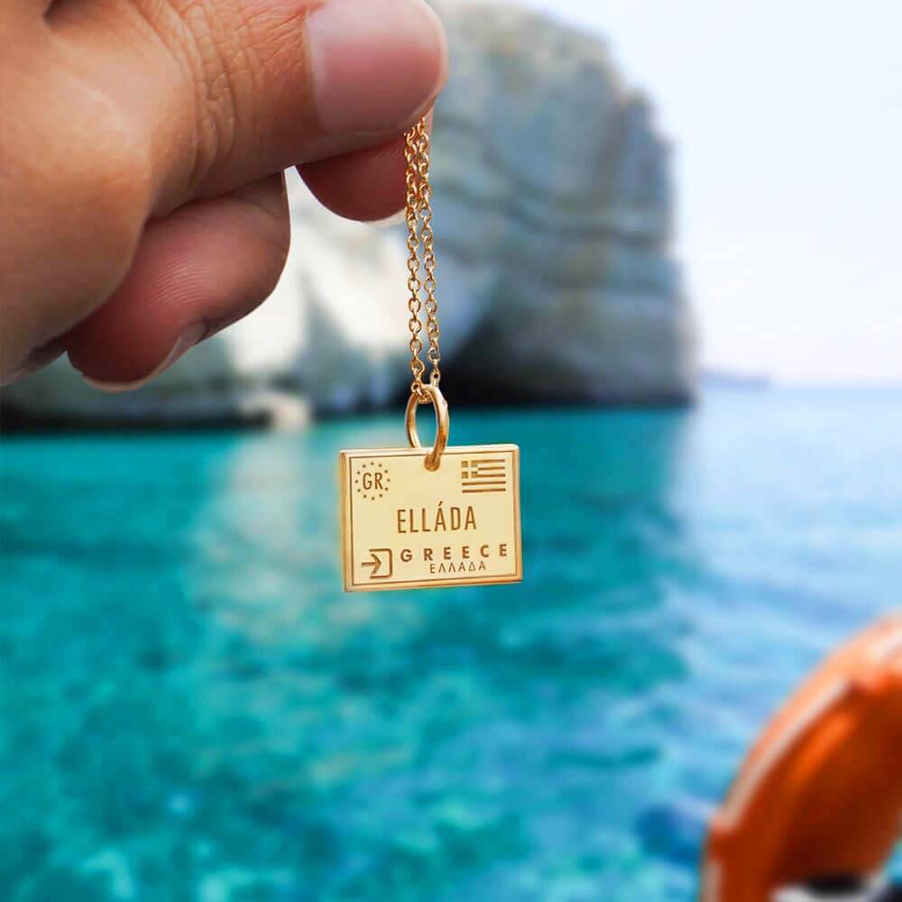 Solid Gold Greece Travel Charm, Passport Stamp - JET SET CANDY (6543876391096)