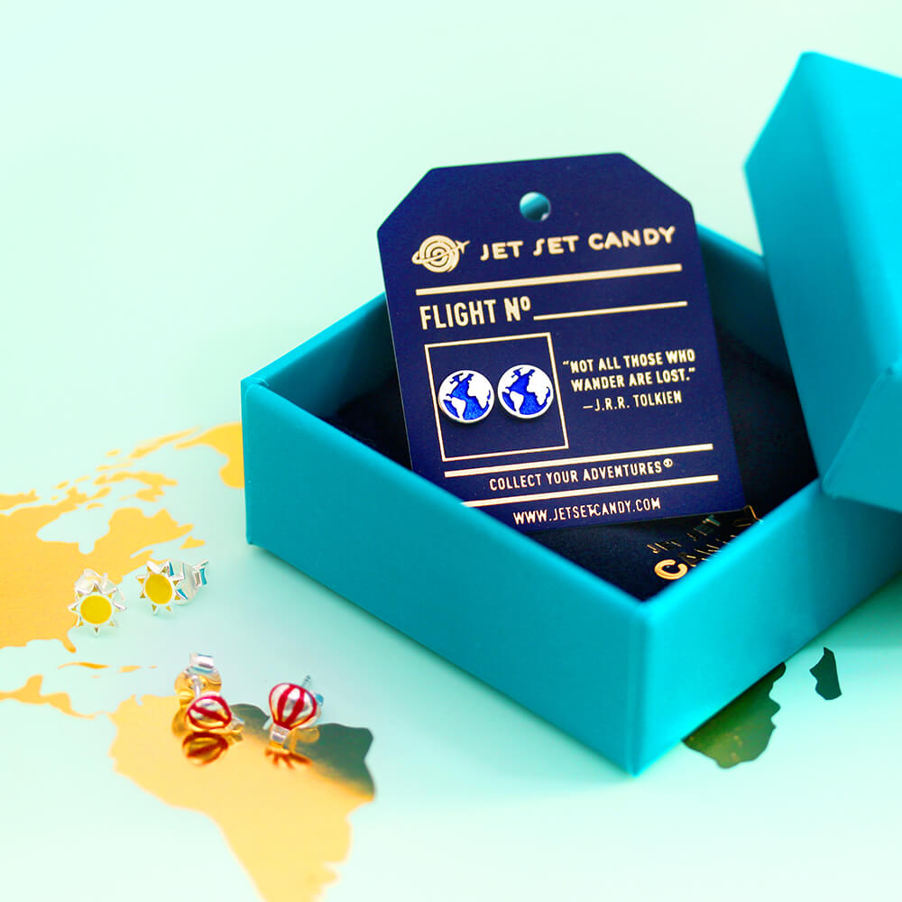 Blue Enamel Gold Globe Earrings - JET SET CANDY (7824575987960)