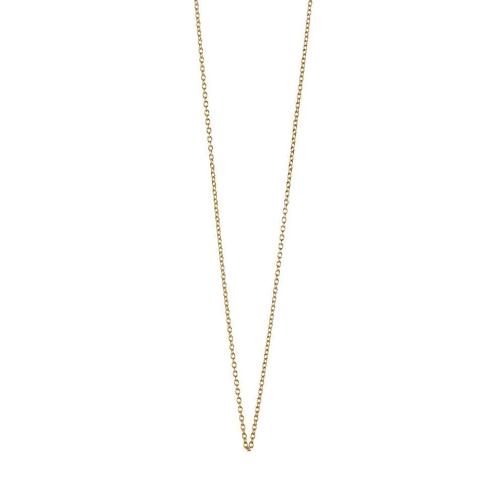 Solid 14k Gold cable chain is in a V shape shown on a white background made by Jet Set Candy. Jet Set Candy solid gold cable chains come in a variety of lengths and thicknesses starting at 14” long and going up to 24” long.
