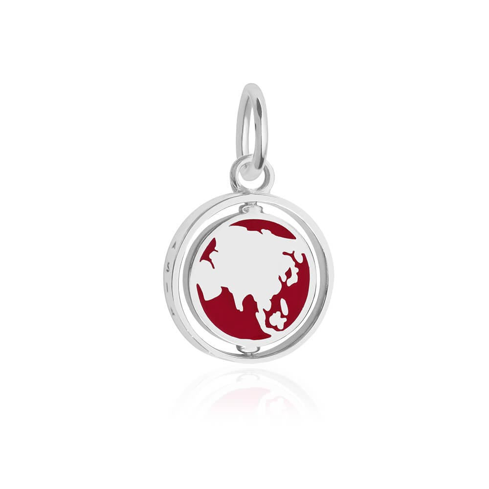 Sterling Silver and Enamel Charm featuring a 3D spinning globe design with a red map motif of Asia.