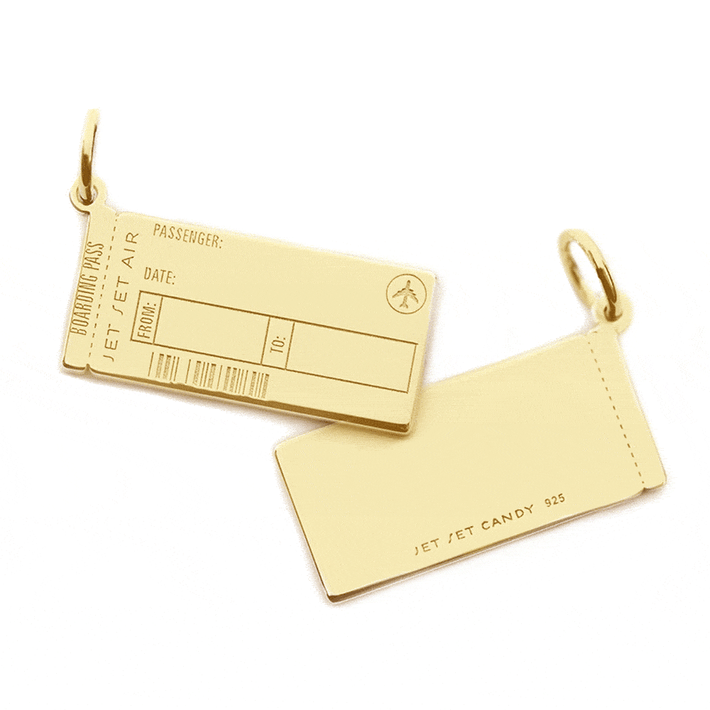Gold Vermeil Charm designed as a boarding pass featuring Jet Set Air engravings, airplane icon, barcode, and perforated edge.