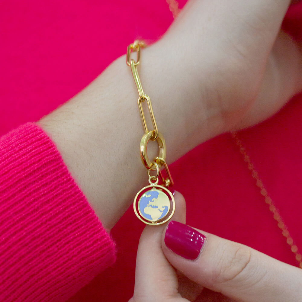 Europe Continent Spinner Charm, Solid Gold, Light Blue Enamel