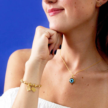 Glass Evil Eye Greek Charm, Solid Gold