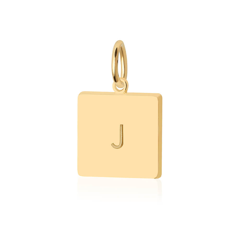 Gold square charm featuring a minimalist engraved capital letter J with a polished finish and a matching gold jump ring.