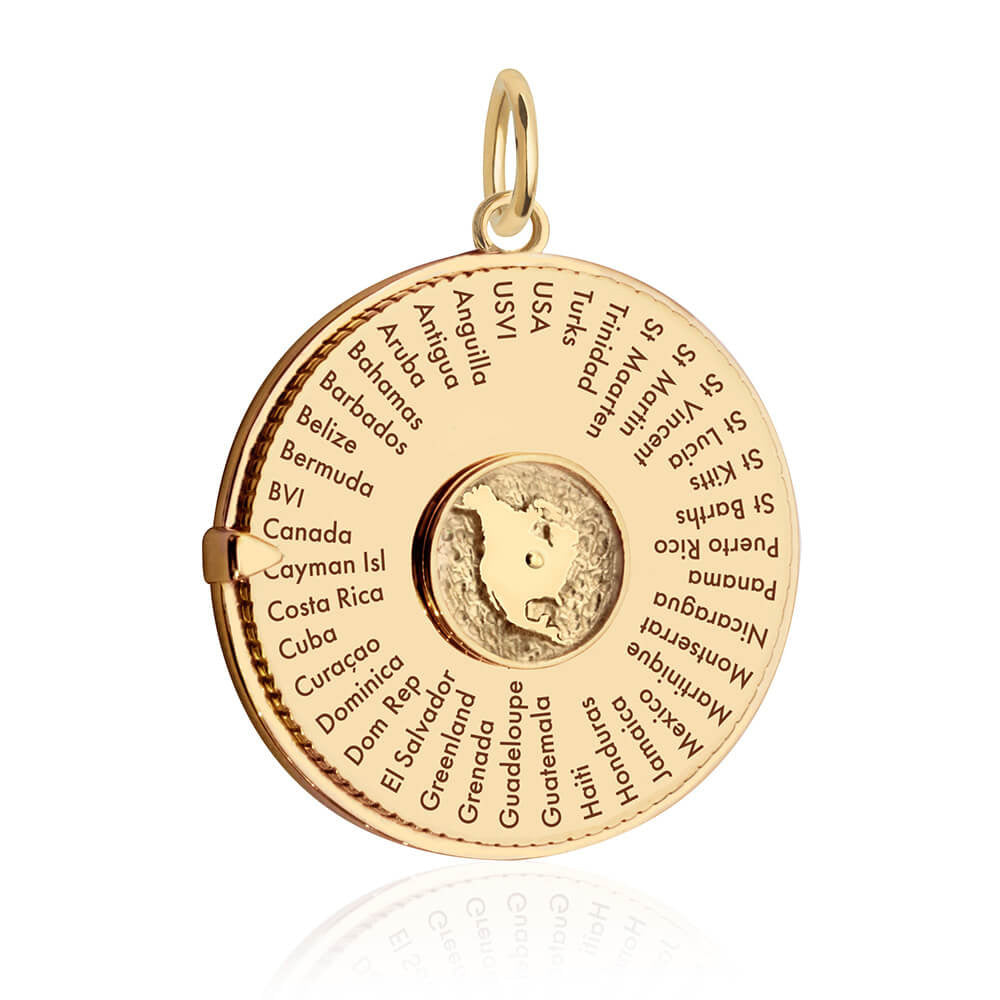 Gold spinner charm with a central North America map motif surrounded by engraved country names from the Americas region.