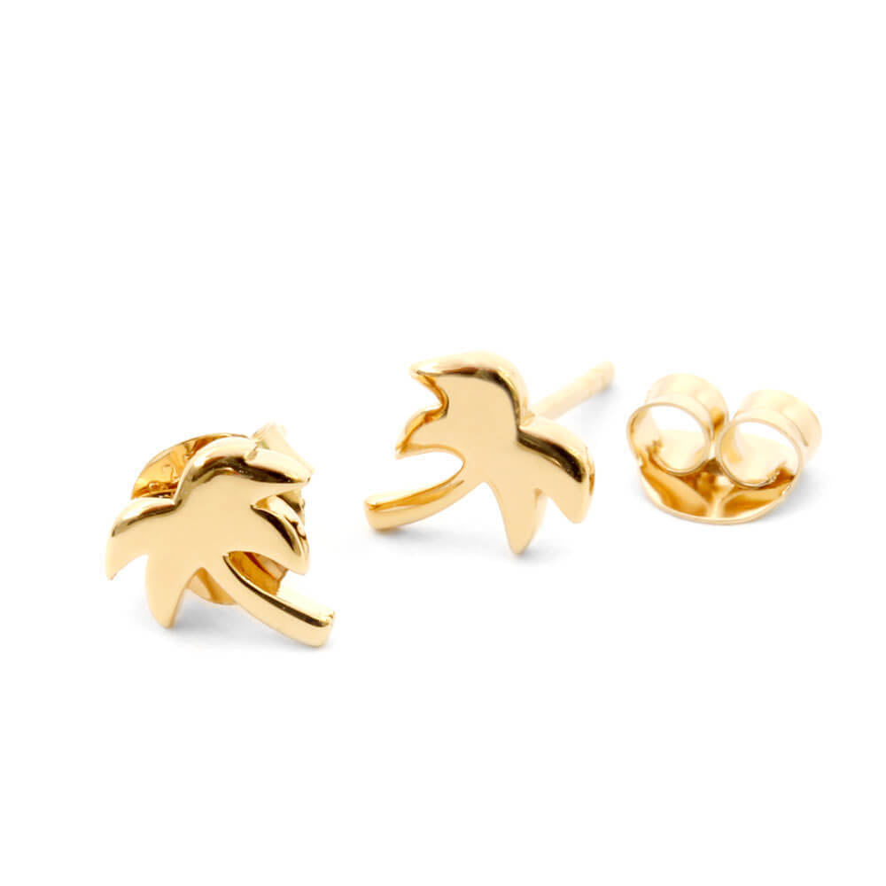 Gold palm tree stud earrings featuring a polished 14K Solid Gold finish, minimalist tropical silhouette design, and butterfly backings.