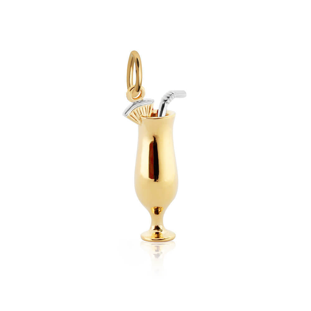 Two-Tone Charm featuring a 3D gold tropical cocktail glass with a silver straw, fruit garnish, and a polished finish.