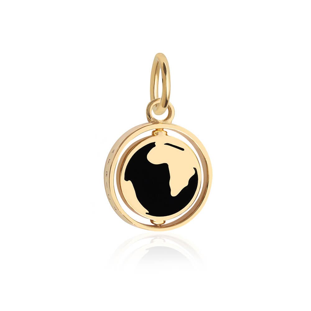Gold spinner globe charm featuring a rotating circular center with black enamel world map continents and gold toned oceans.