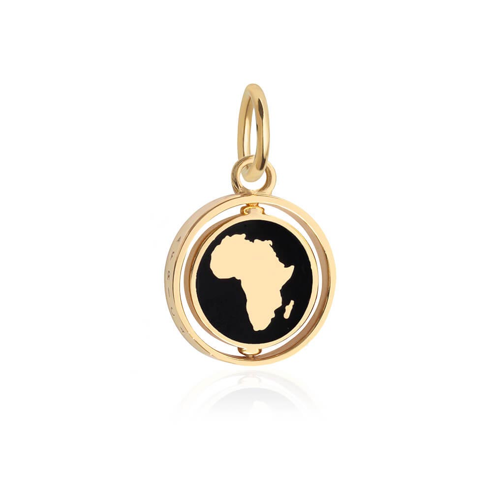 Gold Enamel Charm featuring a spinning circular medallion with a black background, gold Africa continent silhouette, and outer frame.