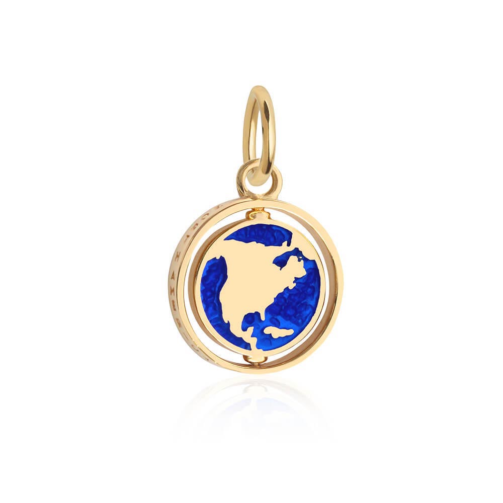 North America Continent Spinner Charm, Gold, Blue Enamel