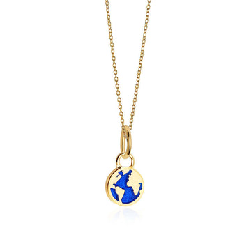 Gold Blue Enamel Globe Charm Necklace, Mini