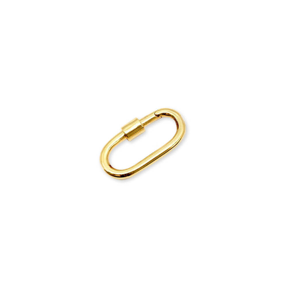 Gold charm featuring an oval carabiner design with a screw-lock mechanism, smooth polished finish, and minimalist jewelry link hardware.