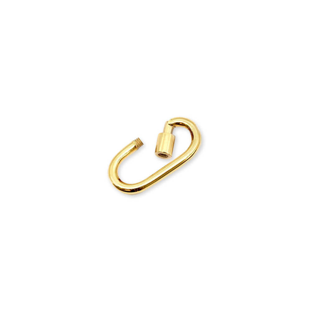 Gold charm featuring an oval carabiner design with a screw-lock mechanism, polished finish, and threaded fastener for jewelry styling.