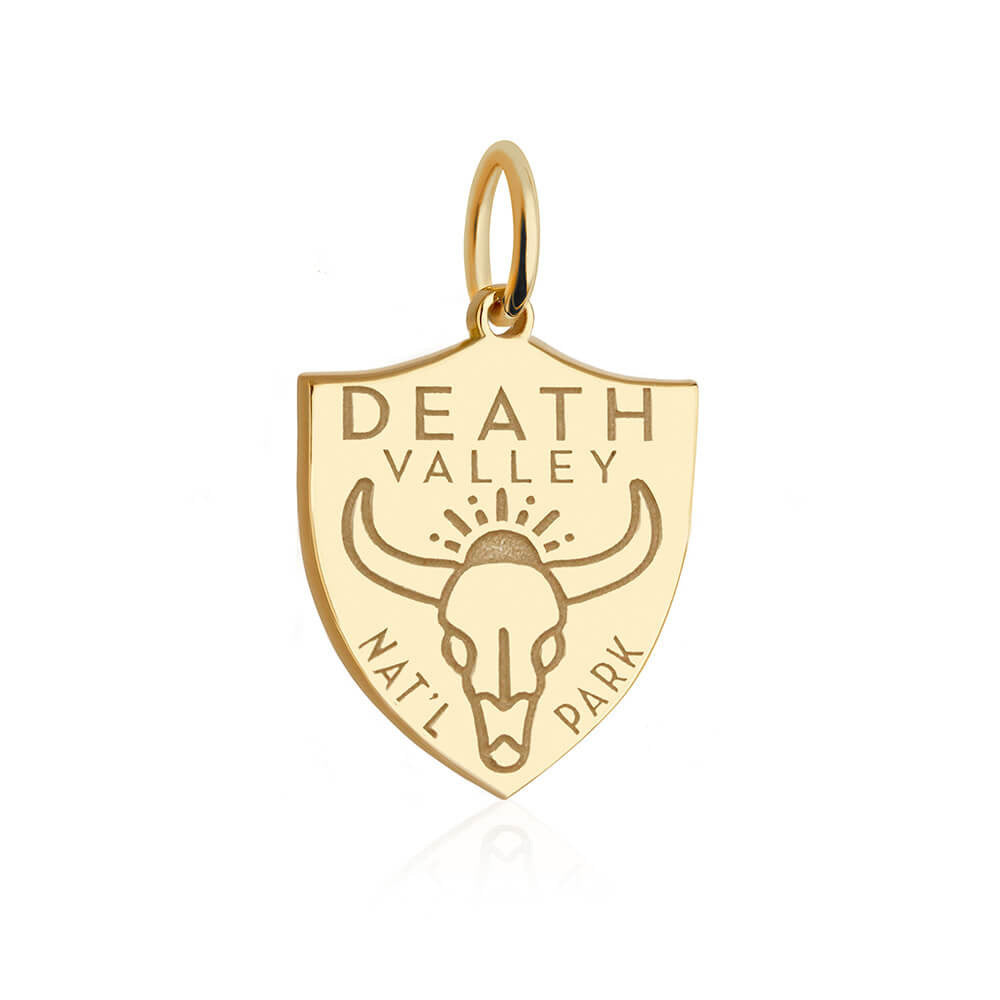 gold vermeil solid gold engraved shield shape death valley national park charm