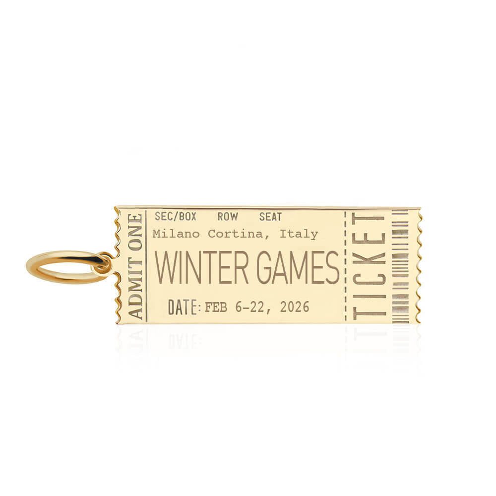Gold Charm featuring Milano Cortina Winter Games ticket design with admit one text, barcode motif, and scalloped edges.