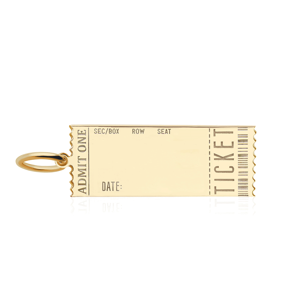 Gold ticket charm with Admit One and Ticket engravings, featuring section, row, seat, date fields, and barcode design.