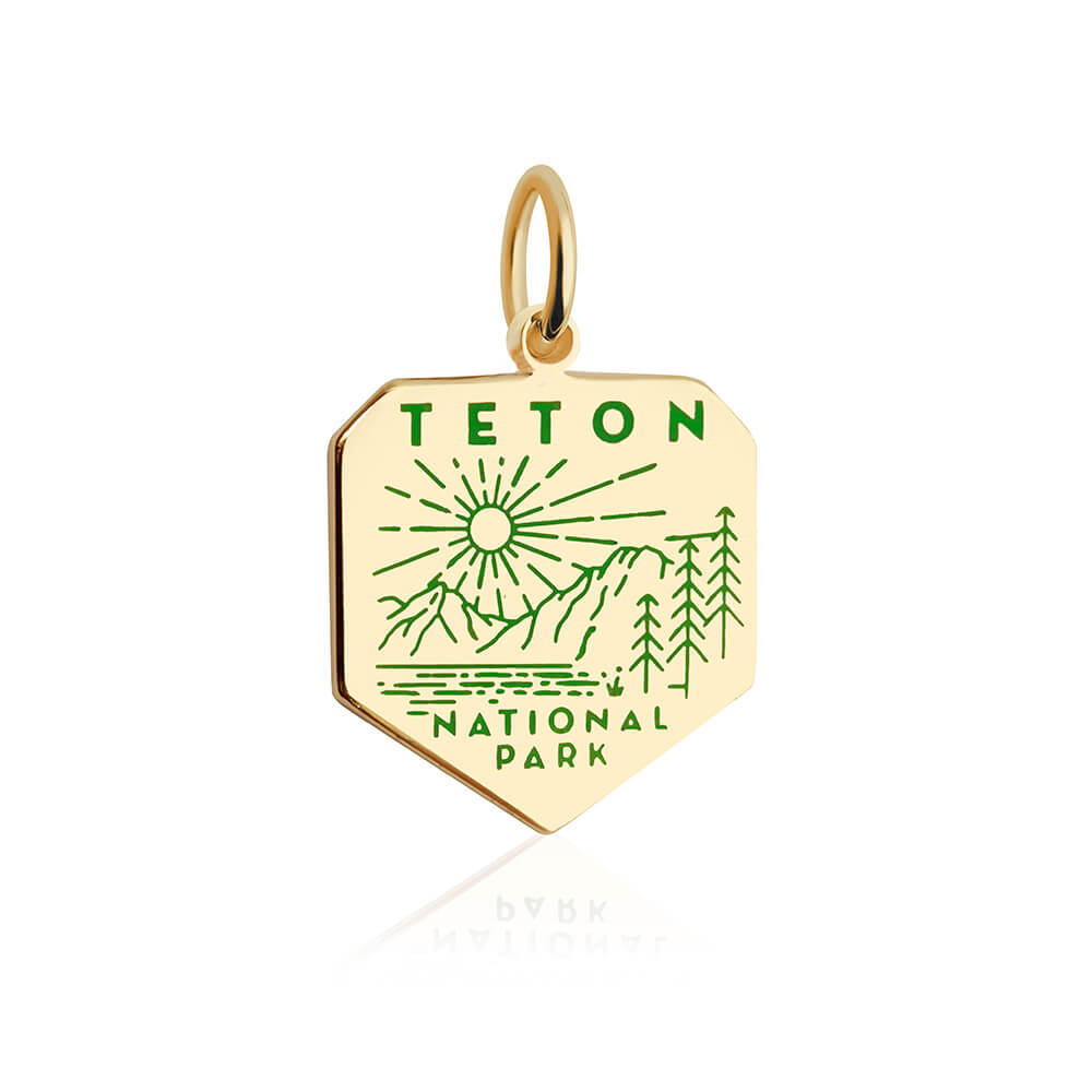 gold vermeil solid gold green enamel teton national park charm