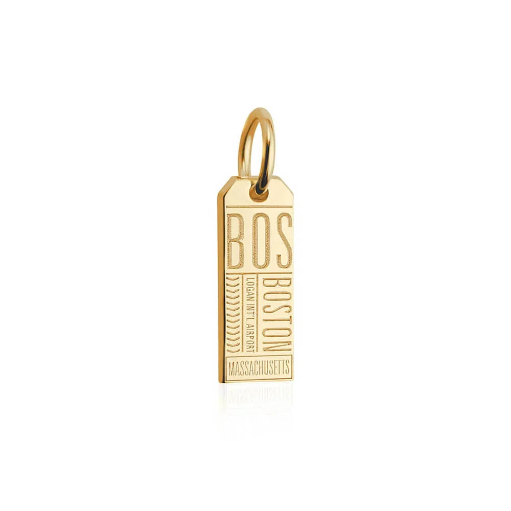 Boston Massachusetts USA BOS Luggage Tag Charm, Gold Mini