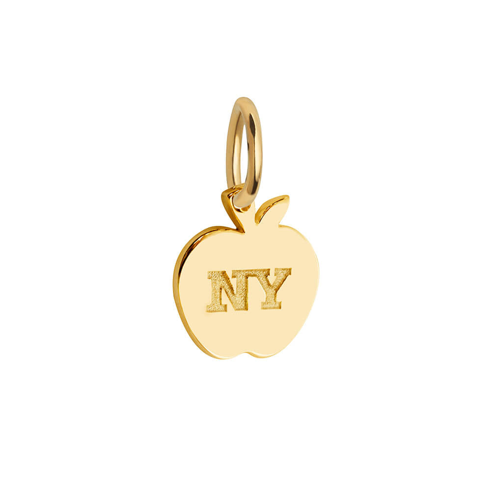 Gold apple charm with NY engraved text and a small leaf motif, featuring a polished finish and jump ring.