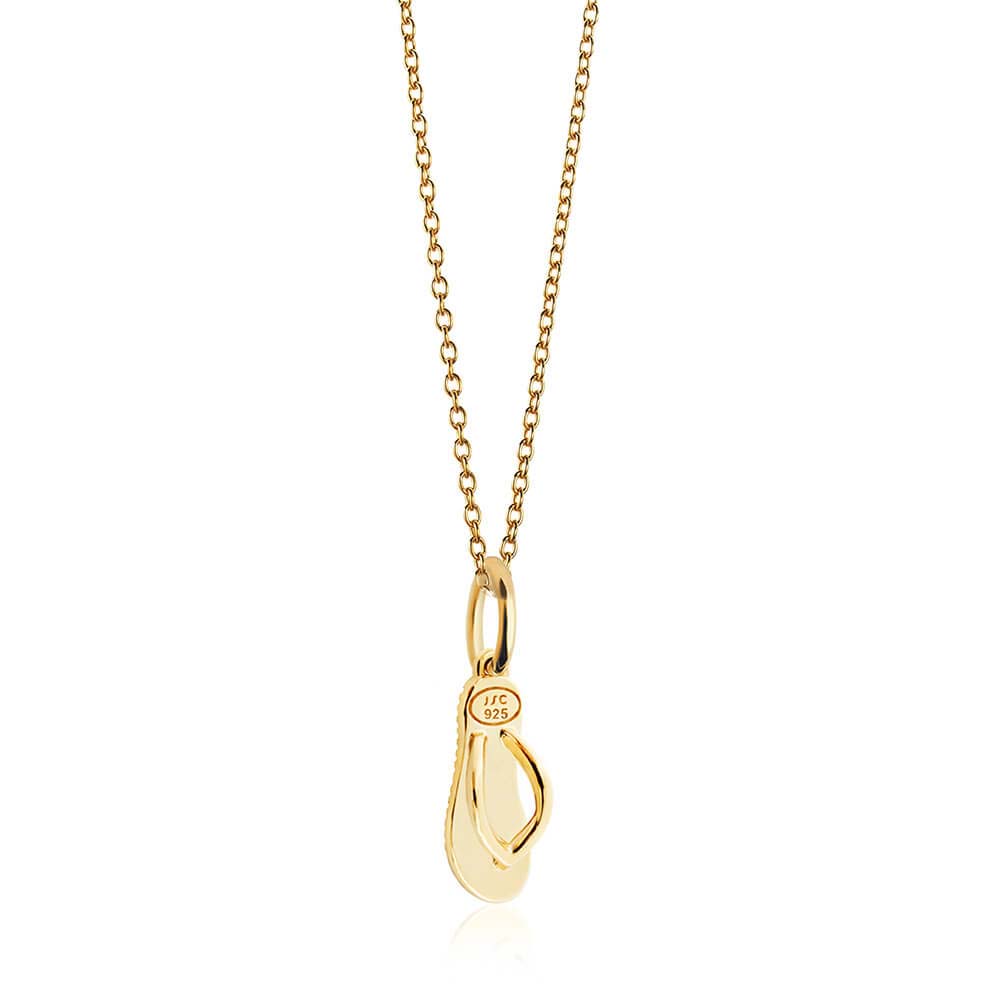 Gold Vermeil Charm in a flip flop shape featuring 925 engraving, polished finish, and 3D strap design on chain.