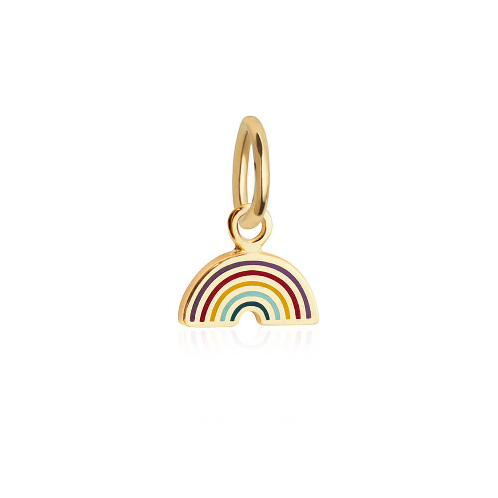 Enamel Charm in gold finish featuring a vibrant rainbow arch with purple, red, yellow, and blue striped color motifs.