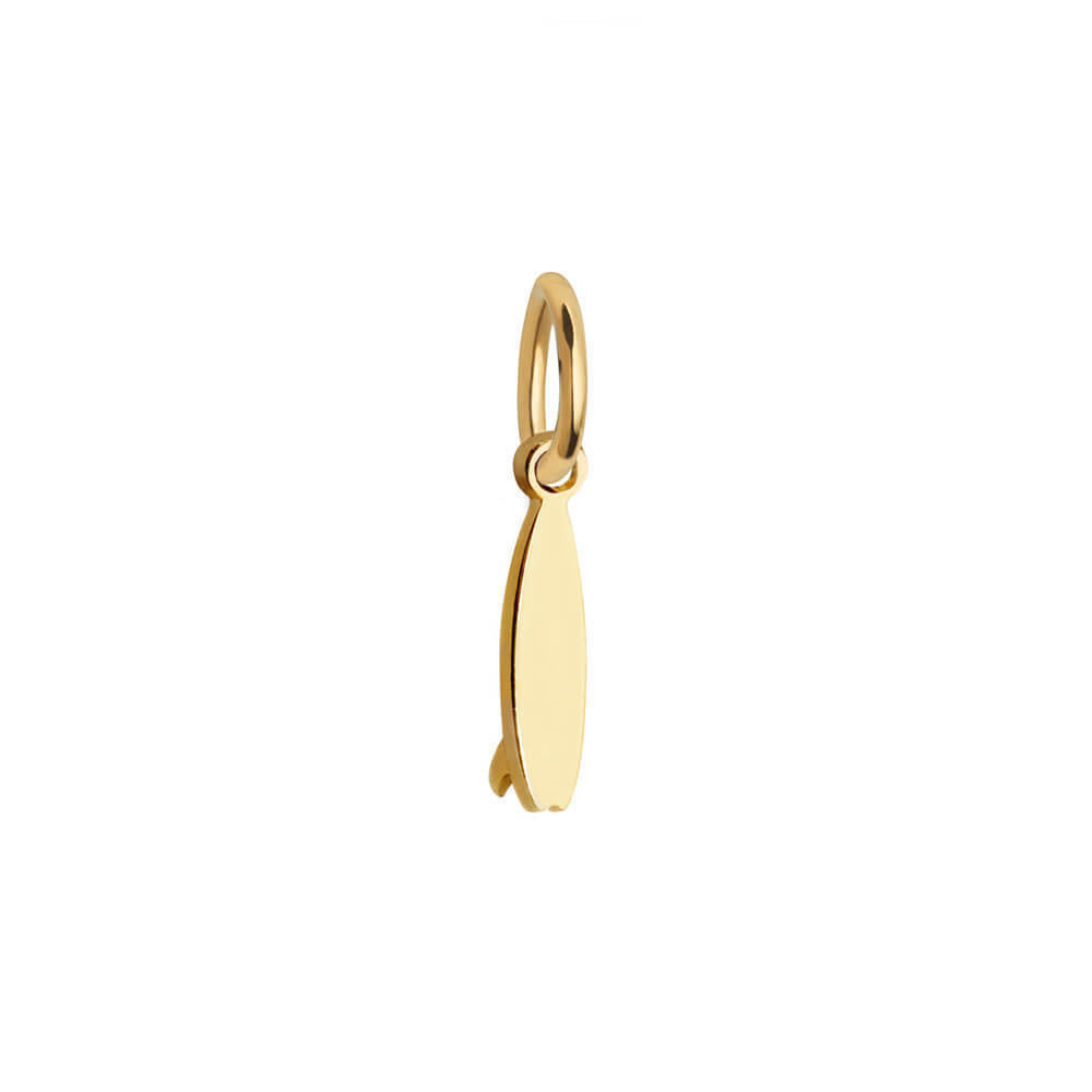 Gold charm featuring a sleek surfboard design with a polished finish, including a small fin and jump ring attachment.