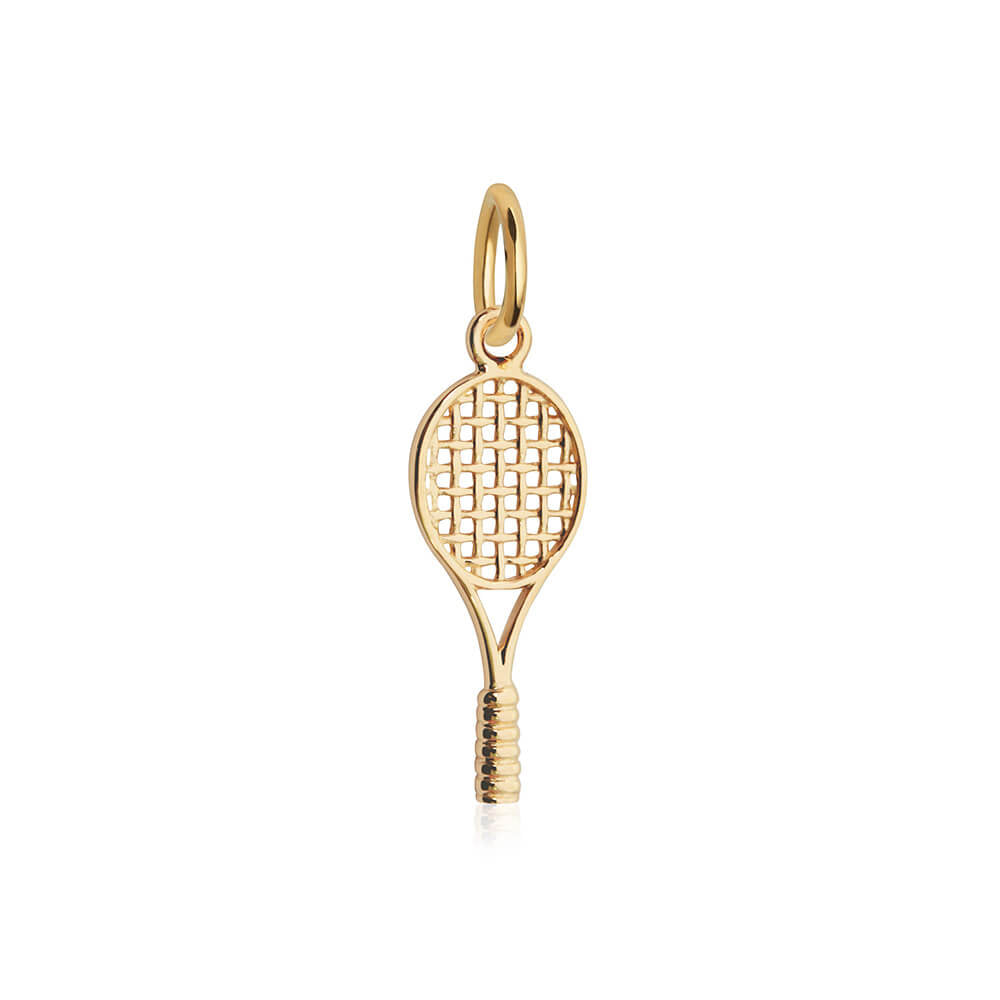 Gold tennis racket charm featuring a polished finish, intricate woven string details, and a textured grip on the handle.