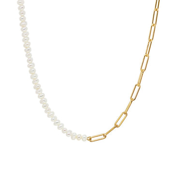 Pearl Paperclip Chain Necklace, 16" Gold