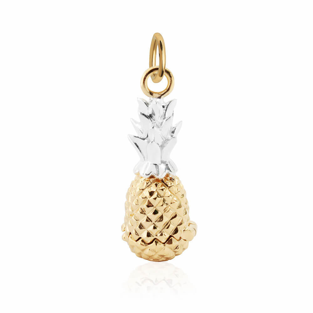 Two-Tone Charm featuring a 3D pineapple design with a gold textured fruit body and polished sterling silver leaves.