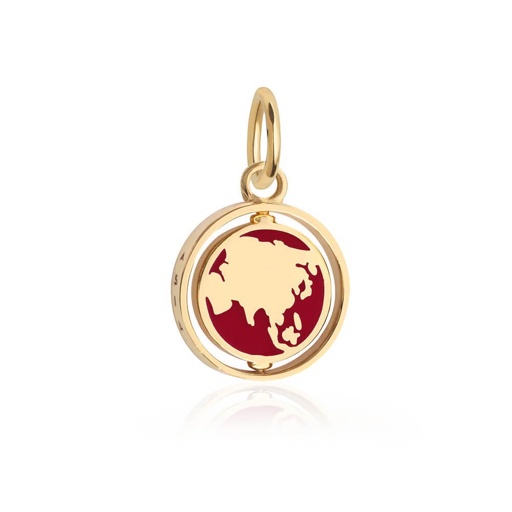 Asia Continent Spinner Charm, Solid Gold, Red Enamel