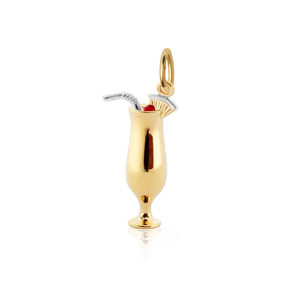 Two-Tone Charm featuring a 3D gold cocktail glass, silver straw, red Enamel cherry accent, and a tropical fruit garnish.