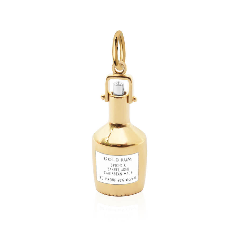 Two-Tone Gold and Sterling Silver rum bottle charm with Spiced Caribbean-Made label, anchor engraving, and 3D handle design.