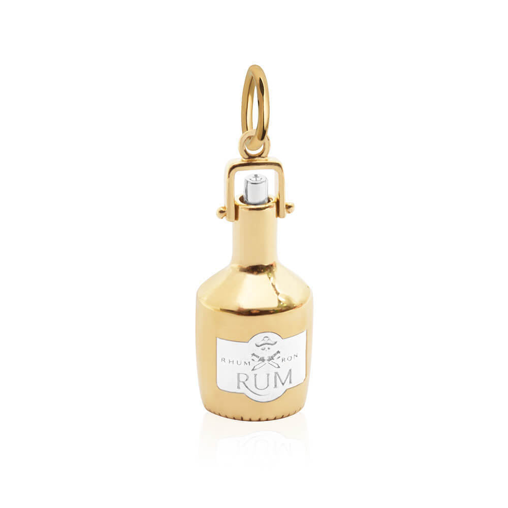 Two-Tone Charm in 3D rum bottle shape with gold body, silver stopper, and RUM label featuring skull and cutlasses.