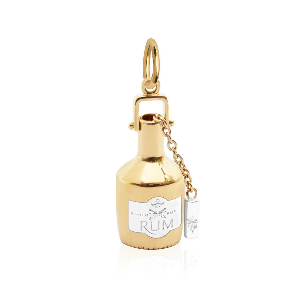 Two-Tone Charm shaped like a rum bottle featuring a white label with RUM text, pirate logo, and hanging stopper.