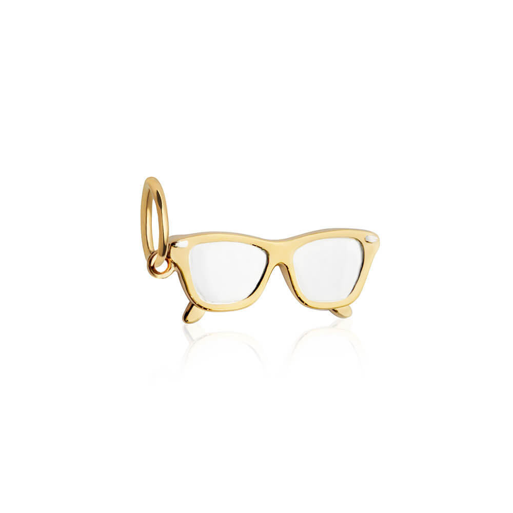 Gold Charm shaped like classic cat-eye glasses featuring polished rims, clear lens details, and a small gold attachment loop.
