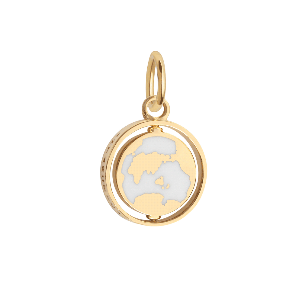 Gold Charm featuring a rotating 3D spinner globe design with white Enamel oceans, gold continents, and a circular frame.