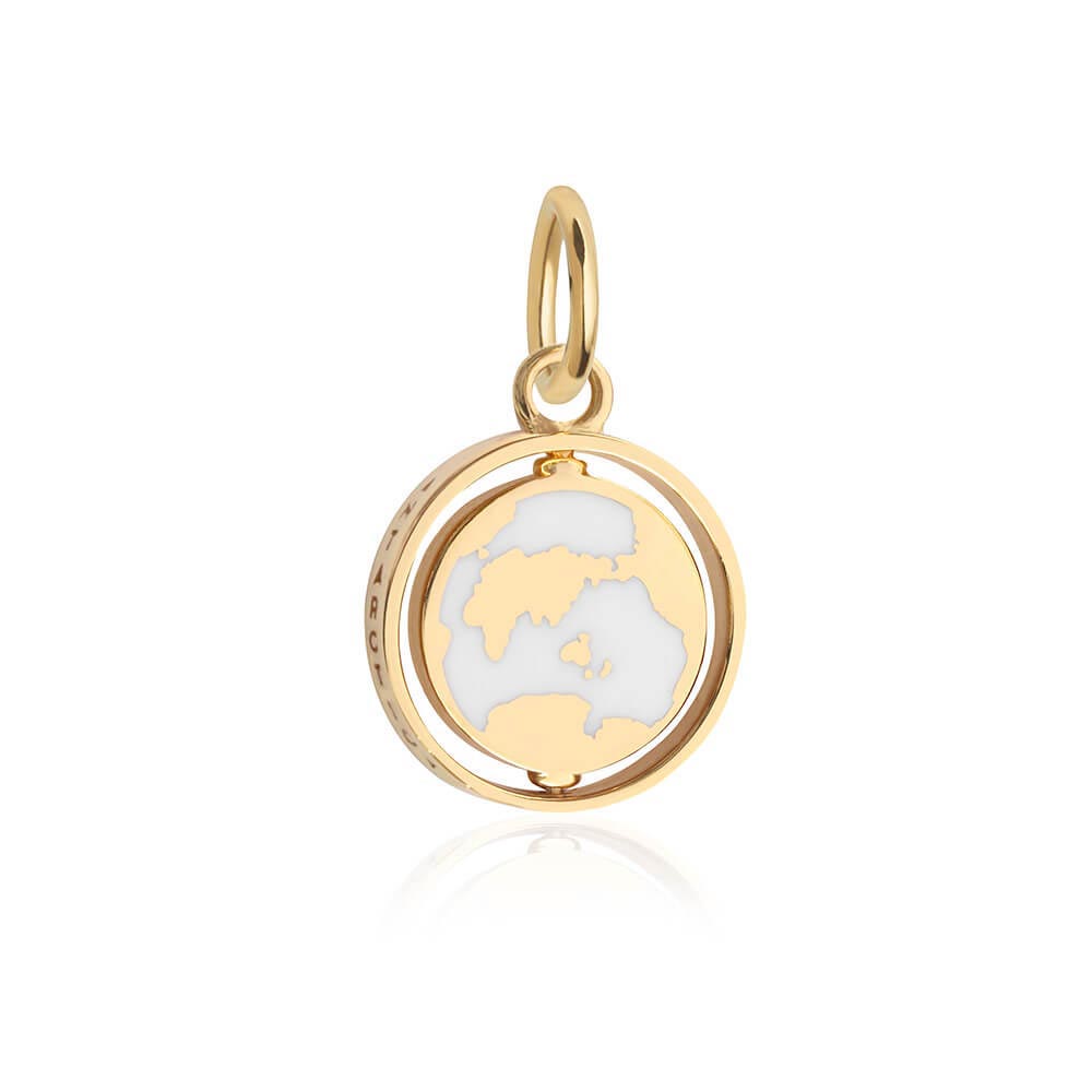 Gold spinner charm featuring a rotating globe design with white enamel oceans and gold continents within a circular frame.