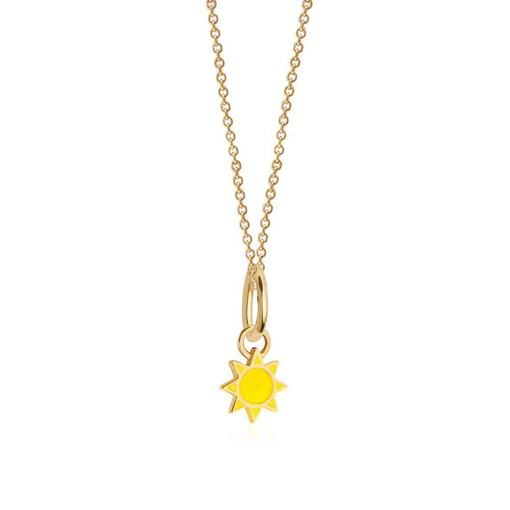 Enamel Charm featuring a yellow sun motif with gold rays and a matching gold chain for a bright finish.