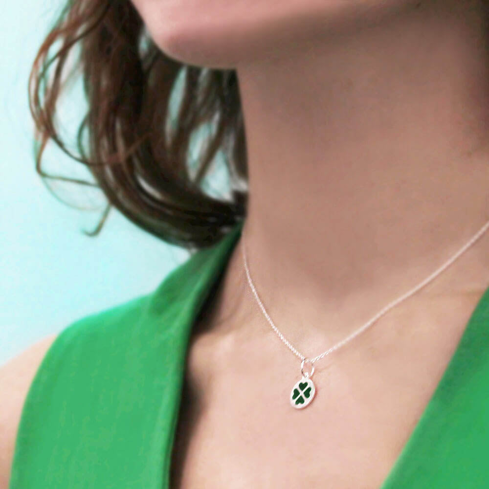 4 leaf Clover Charm Green Enamel Solid Gold Mini
