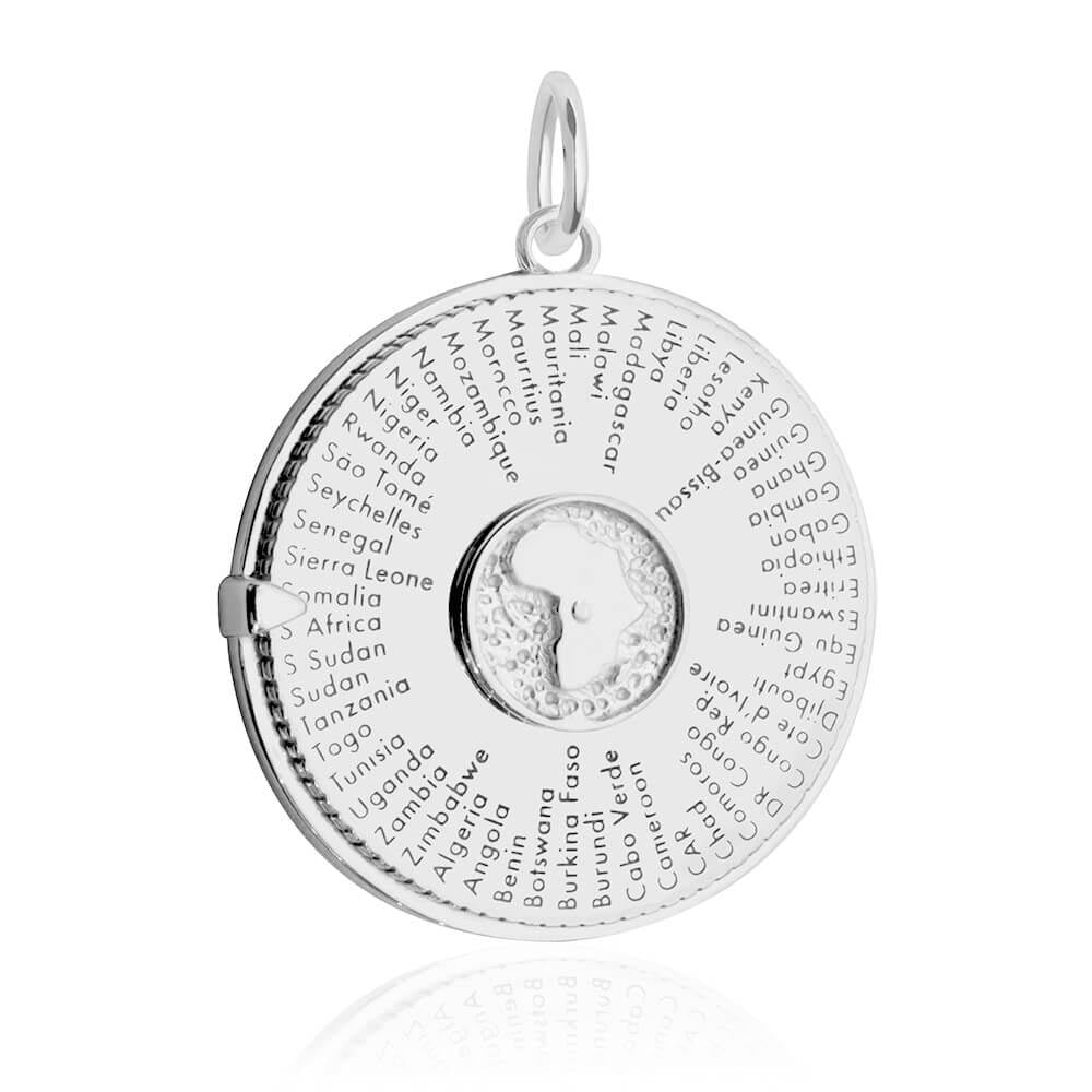 Sterling Silver spinner charm featuring an engraved Africa map center surrounded by names of various African countries in circles.