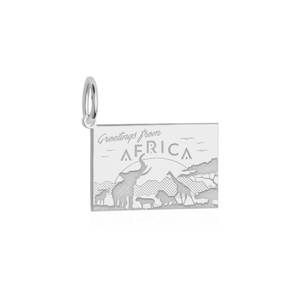 Silver Africa postcard charm by Jet Set Candy, featuring travel-inspired engravings on a white background.