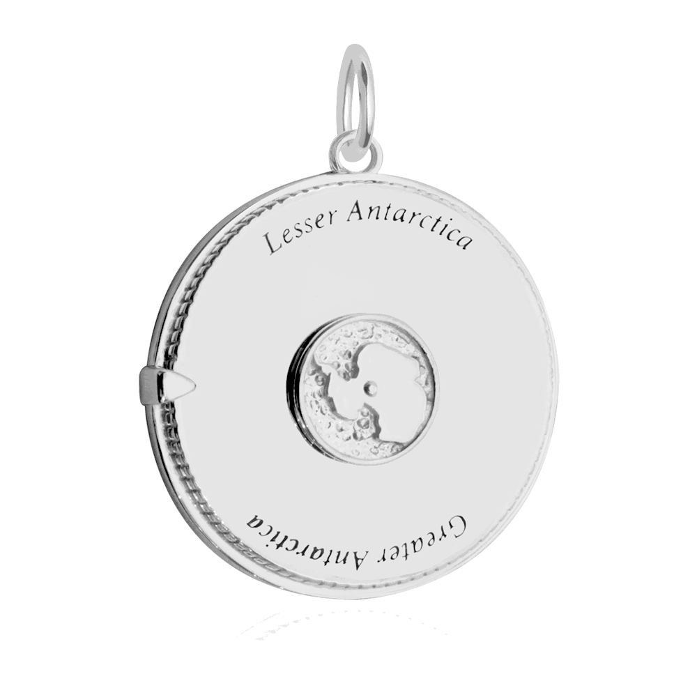 Sterling Silver spinner charm featuring Lesser Antarctica and Greater Antarctica engravings with a central 3D rotating continent map motif.