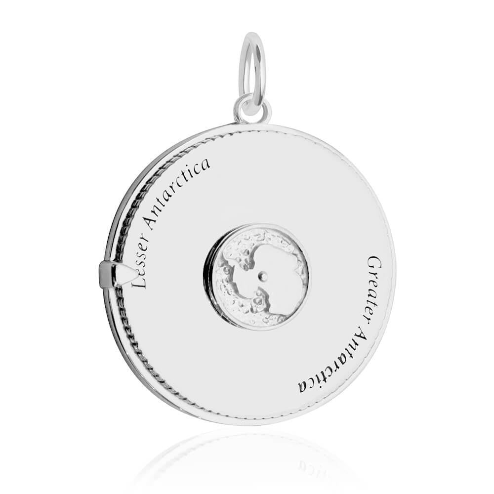 Sterling Silver round spinner charm featuring Lesser Antarctica and Greater Antarctica engravings with a central 3D rotating map motif.
