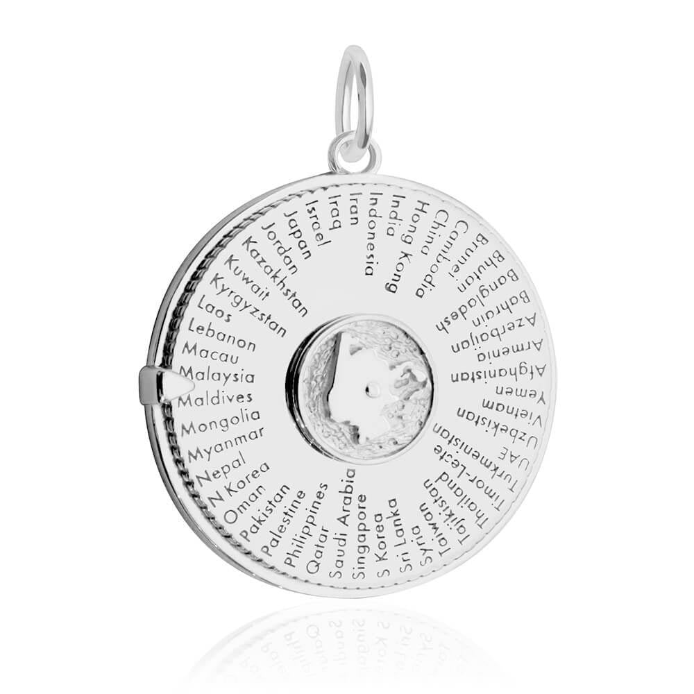 Sterling Silver spinner charm featuring an engraved list of Asian countries in a circular design with a rotating center.
